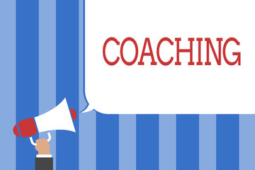 Conceptual hand writing showing Coaching. Business photo text person supports client in achieving specific personal goal Megaphone loudspeaker screaming idea talk talking speech bubble