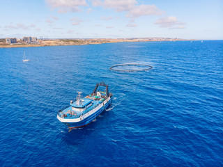 Naklejka na ściany i meble Transportation of fish in cage to farm and port market. Blue sea background. Aerial top view