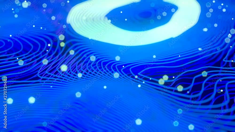 Aufkleber Blue colored abstract background with bright particles. Deformed wavy wires with motion glowing elements. Depth of field. 3D render loop animation. 4K, Ultra HD resolution.
