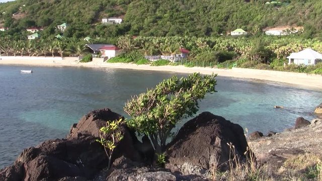 Anse de Lorient Bay on Saint Barth&eacute;lemy Island in the Caribbean with Green Mountains, Blue Sea and Sandy Beach
