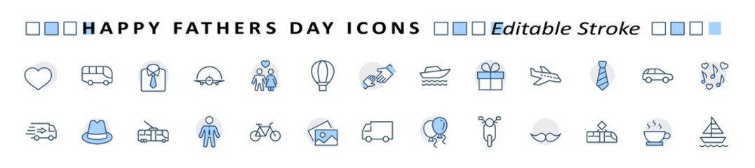 Banner Father's Day Set Line Vector Icon. Cover Contains such Icons as Father, Family, Mustache, Dad, Tie, Shirt, Handshake, Hat, Coffee, Purse, Gift, Portfolio, Love and more. Editable Stroke