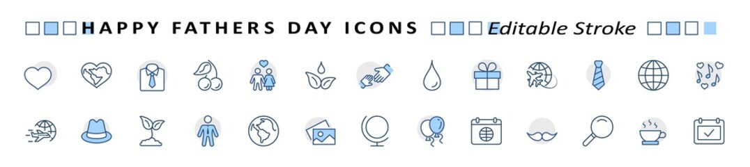 Banner Father's Day Set Line Vector Icon. Cover Contains such Icons as Father, Family, Mustache, Dad, Tie, Shirt, Handshake, Hat, Coffee, Purse, Gift, Portfolio, Love and more. Editable Stroke