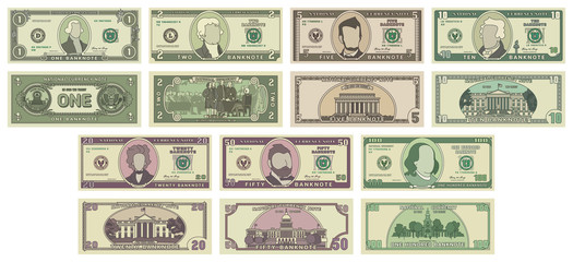 Vector cartoon dollar banknotes isolated on white background illustration. Every denomination of US currency note. Back sides of money bills