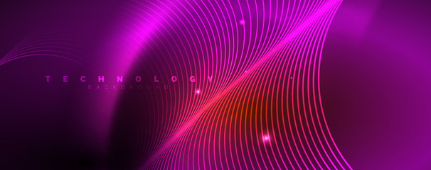Bright neon circles and wave lines, glowing shiny background design template, digital techno concept.