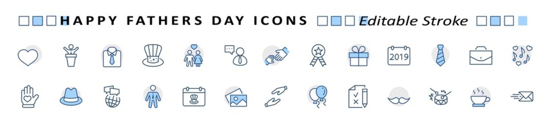 Banner Father's Day Set Line Vector Icon. Cover Contains such Icons as Father, Family, Mustache, Dad, Tie, Shirt, Handshake, Hat, Coffee, Purse, Gift, Portfolio, Love and more. Editable Stroke