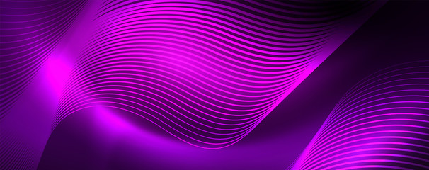 Shiny neon lights, dark abstract background with blurred magic neon light curved lines