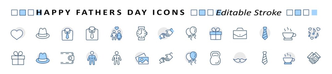 Banner Father's Day Set Line Vector Icon. Cover Contains such Icons as Father, Family, Mustache, Dad, Tie, Shirt, Handshake, Hat, Coffee, Purse, Gift, Portfolio, Love and more. Editable Stroke