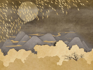 Dark brown landscape illustration, full moon, hills, fog, trees, large flock of birds in the sky - 270733031