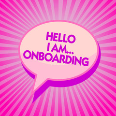 Fototapeta na wymiar Text sign showing Hello I Am... Onboarding. Conceptual photo telling person that you are on ship or plane Purple speech bubble message reminder rays shadow important intention