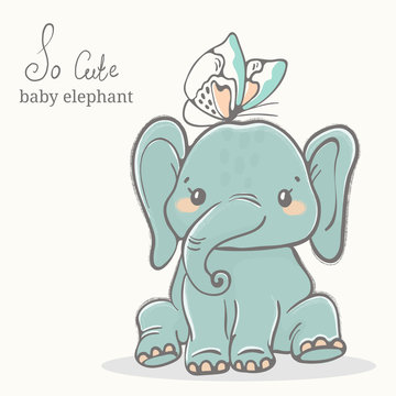 Baby elephant with butterfly illustration, cute animal drawings
