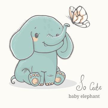 Baby elephant with butterfly illustration, cute animal drawings