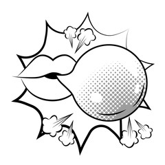 Pop art mouth with bubble gum cartoon in black and white
