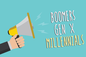 Text sign showing Boomers Gen X Millennials. Conceptual photo generally considered to be about thirty years Man holding megaphone loudspeaker blue background message speaking loud