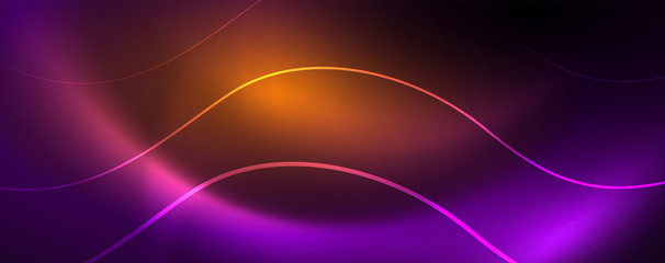 Obraz premium Shiny neon lights, dark abstract background with blurred magic neon light curved lines