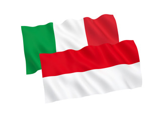National fabric flags of Italy and Indonesia isolated on white background. 3d rendering illustration. 1 to 2 proportion.