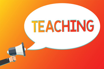 Writing note showing Teaching. Business photo showcasing Act of giving information, explaining one subject to a person Megaphone loudspeaker screaming scream idea talk talking speech listen