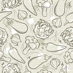 Beige Seamless Patterns with vegetable, pepper, eggplant, cauliflower and broccoli. Ideal for printing onto fabric and paper or scrap booking, vector.