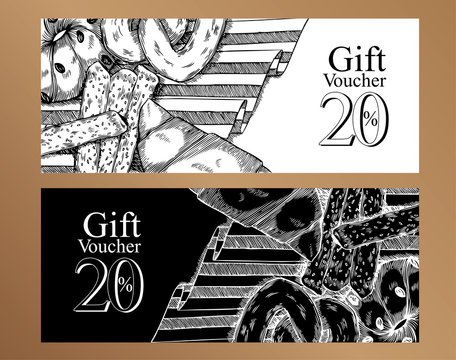 Gift vouchers food design template.Black and white.