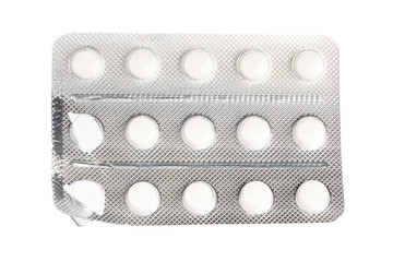 Silver blister packs pills isolated on white