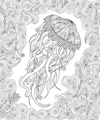 Jellyfish in zentangle inspired style on white background. Coloring book for adult and older children.