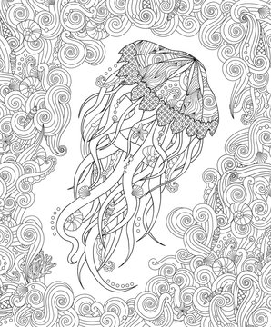 Jellyfish in zentangle inspired style on white background. Coloring book for adult and older children.