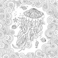 Jellyfish in zentangle inspired style on white background. Coloring book for adult and older children. - 270735237