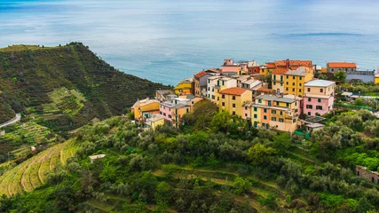 Foto op Plexiglas Het pittoreske oude dorp Volastra gebouwd op de groene terrasvormige heuvel van de Ligurische kust, in het Nationaal Park Cinque Terre, Italië. © Gabriel