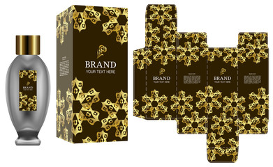 Packaging design, Label on cosmetic or perfume container with gold luxury box template and mockup box.	