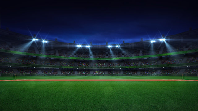 Night cricket field general side view and stadium lights on