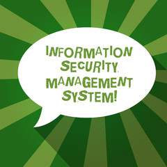 Text sign showing Information Security Management System. Conceptual photo IT safety secure technology Blank Oval Shape Speech Bubble in solid Color and shadow Burst background