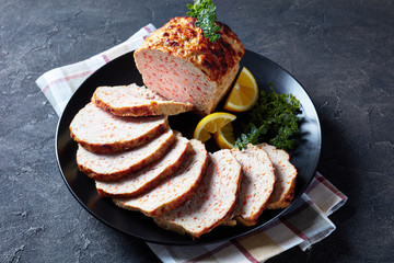 close-up of sliced chicken meatloaf