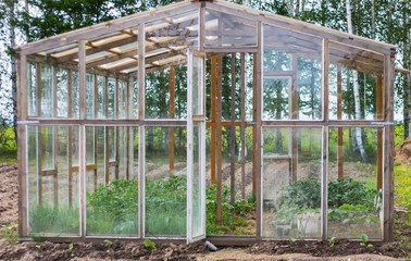 home glass greenhouse standing on the site, made by hands