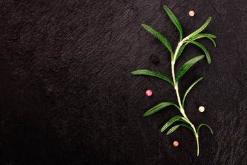 A rosemary branch with peppercorns, shot from the top on a black background with a place for text
