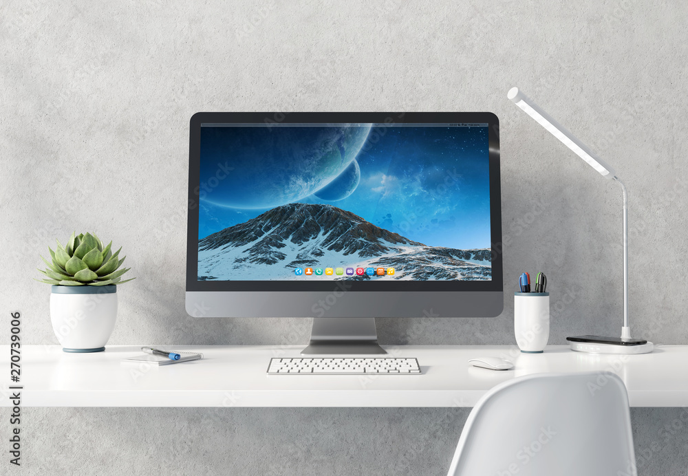 Poster modern black and silver computer on white desktop concrete interior mockup 3d rendering