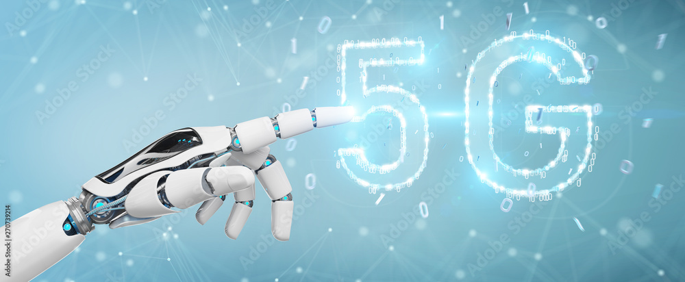 Poster white cyborg hand using 5g network digital hologram 3d rendering