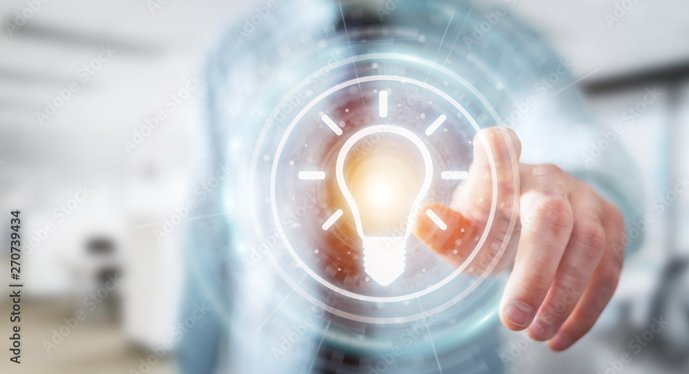Aufkleber Businessman using lightbulb idea interface 3D rendering