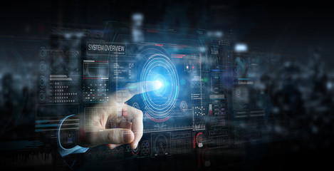 Businessman using digital technological interface with datas 3D rendering