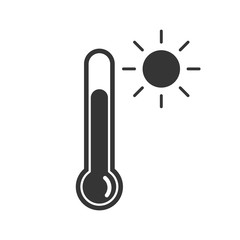 Thermometer icon, hot day high temperature icon. New trendy thermometer with sun graphic for web, logo, app, ui, icon. Vector illustration.