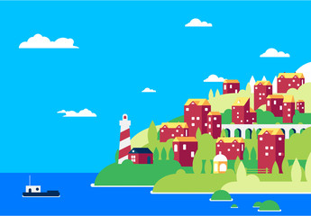 Vector illustration of a landscape with houses and a lighthouse on the beach, the silhouette of a ship, silhouettes of houses and trees against the blue sky with clouds
