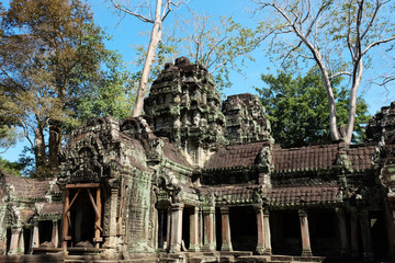 The ruins of the temple complex of Ta Prohm in Cambodia. Architectural heritage of the Khmer Empire. A masterpiece of world architecture.