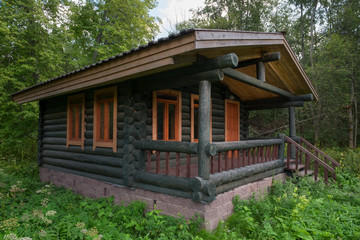 Wooden house in the forest in the summer evening