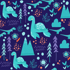 Cute seamless childish hand drawing pattern. Prehistoric period. Vector scandinavian illustration. Sketch of jurassic reptiles. Cartoon underwater dinosaurs, trees, mountains, flowers.
