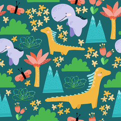 Naklejka premium Cute seamless childish hand drawing pattern. Prehistoric period. Vector scandinavian illustration. Sketch of jurassic reptiles. Cartoon dinosaurs, palm trees, mountains, flowers.