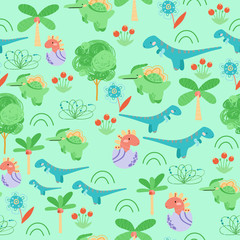 Cute seamless childish hand drawing pattern. Prehistoric period. Vector scandinavian illustration. Sketch of jurassic reptiles. Cartoon dinosaurs, trees, eggs, flowers.