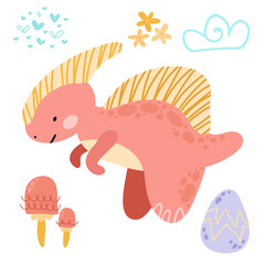 Cute cartoon dinosaurs, flowers, eggs, mushrooms, plants, hand drawn set. Prehistoric animals. Isolated Scandinavian vector illustrations. For invitations, party, banners, baby shower, room decoration