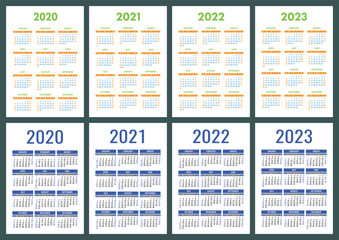 Calendar 2020, 2021, 2022 and 2023. English color vector set. Vertical wall or pocket calender template. Golorful big design collection. New year. Week starts on Sunday