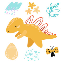 Cute cartoon dinosaurs, flowers, eggs, butterflies, plants hand drawn set. Prehistoric animals. Isolated Scandinavian vector illustrations. For invitations, party, banners, baby shower, room decoratio