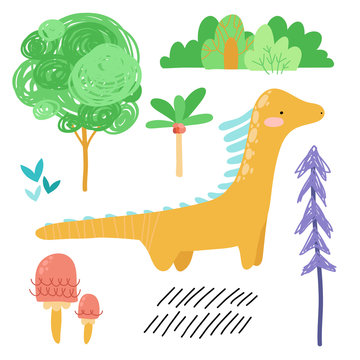 Cute cartoon dinosaurs, flowers, butterflies, tree, mushrooms, plants, hand drawn set. Prehistoric animals. Isolated Scandinavian vector illustrations. For invitations, party, banners, baby shower, ro