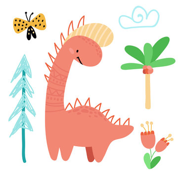 Cute cartoon dinosaurs, flowers, palm trees, butterflies, plants hand drawn set. Prehistoric animals. Isolated Scandinavian vector illustrations. For invitations, party, banners, baby shower, room dec
