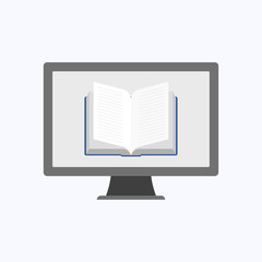 Book icon with gray computer on white background